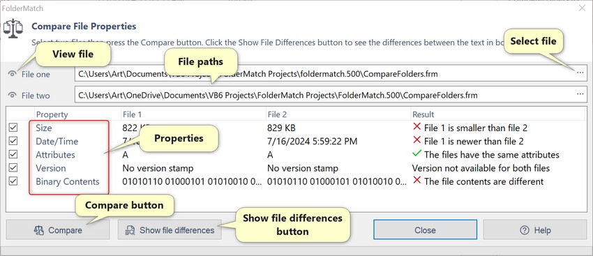 The Compare File Properties window