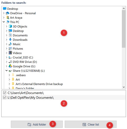 Find Duplicates window - Folders to search