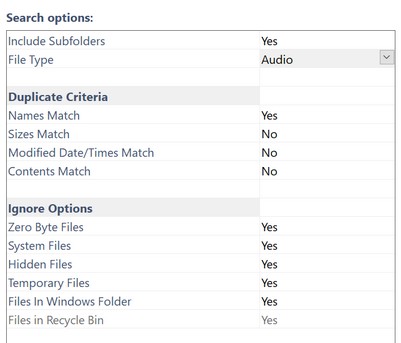 Find Duplicates window - Search options