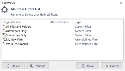 Maintain Filters List window