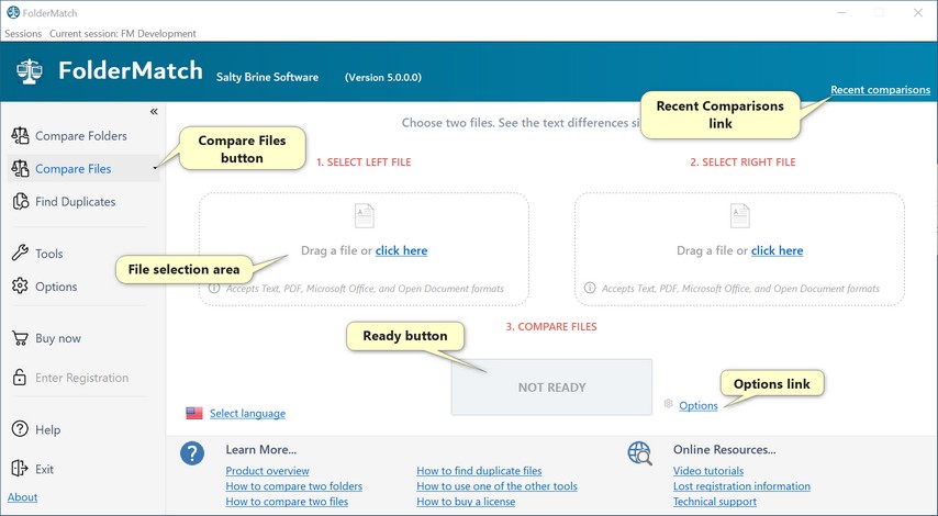 The Start Page in Compare Files mode