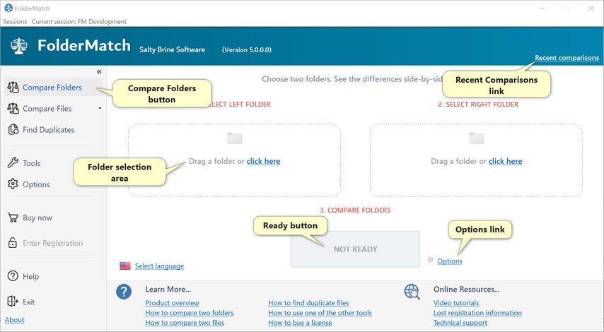 The Start Page in Compare Folders mode