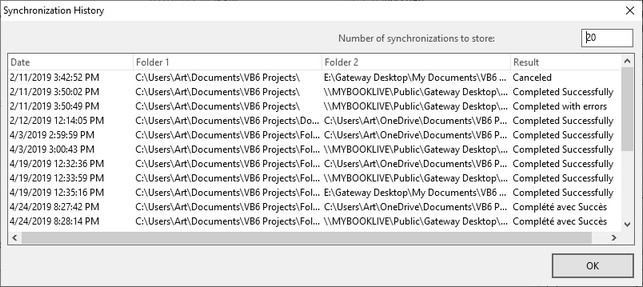 The Synchronization History window